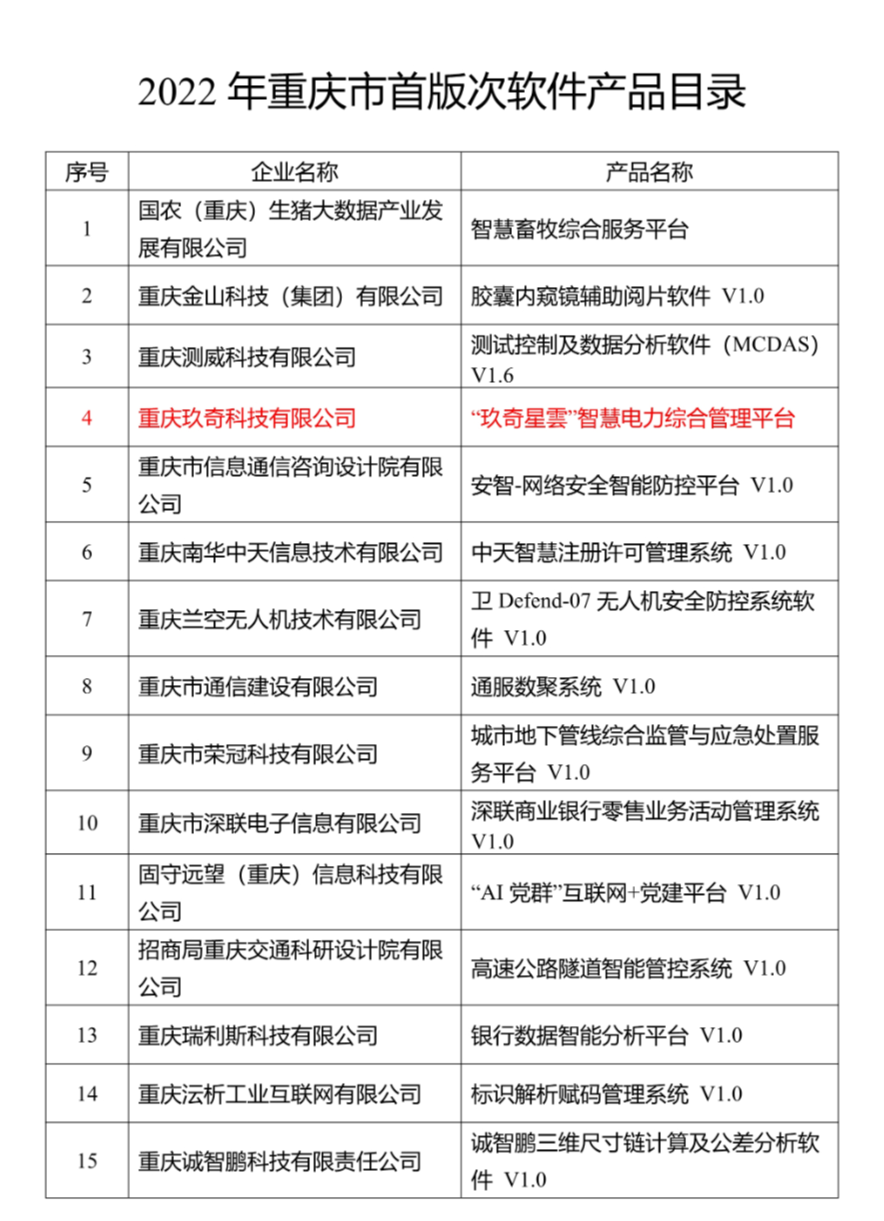 2022年重庆市首版次软件产品目录